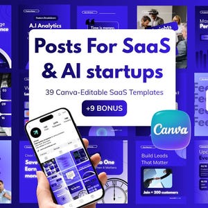 Può includere: Una collezione di 39 modelli modificabili in Canva per startup SaaS e IA, con una tavolozza di colori blu, vari layout di testo e uno smartphone che mostra un feed del profilo, incentrati sul testo Posts For SaaS & AI startups.
