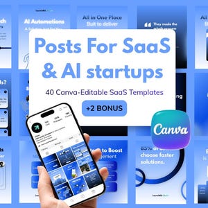 May include: A digital collection of 40 Canva-editable SaaS templates for startups, featuring blue gradient backgrounds, various text layouts, and a smartphone displaying an Instagram profile, with a Canva logo and a +2 bonus label included.