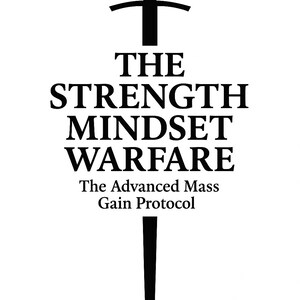 May include: Black and white graphic featuring a sword and text. The text reads "THE STRENGTH MINDSET WARFARE" above "The Advanced Mass Gain Protocol". The design is on a white background.