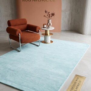 Hand Tufted Wool Plush Solid Aqua Blue Area Rug Luxury Modern Minimalist Carpet for Living Room Bedroom Home Decor