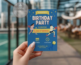 Plantilla de invitación de cumpleaños de pádel / Editable / Imprimible / Canva / Invitación deportiva minimalista