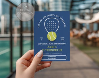 Plantilla de invitación de cumpleaños de pádel / Editable / Imprimible / Canva / Invitación deportiva minimalista