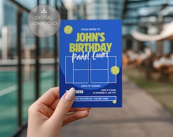 Plantilla de invitación de cumpleaños de pádel / Editable / Imprimible / Canva / Invitación deportiva minimalista