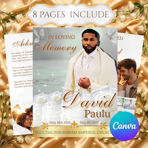 Könnte beinhalten: Gedenkkarten-Design mit dem Text "In Loving Memory" und dem Namen "David Paulu". Das Design enthält ein Foto eines Mannes in einem weißen Anzug, weiße Rosen und die Daten 14. Mai 1989 - 09. Mai 2025.