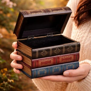 May include: A wooden box shaped like a stack of books, with the top book open. The box is dark brown with gold accents and the "book" spines are black, red, and blue. The box is held in a person's hands.