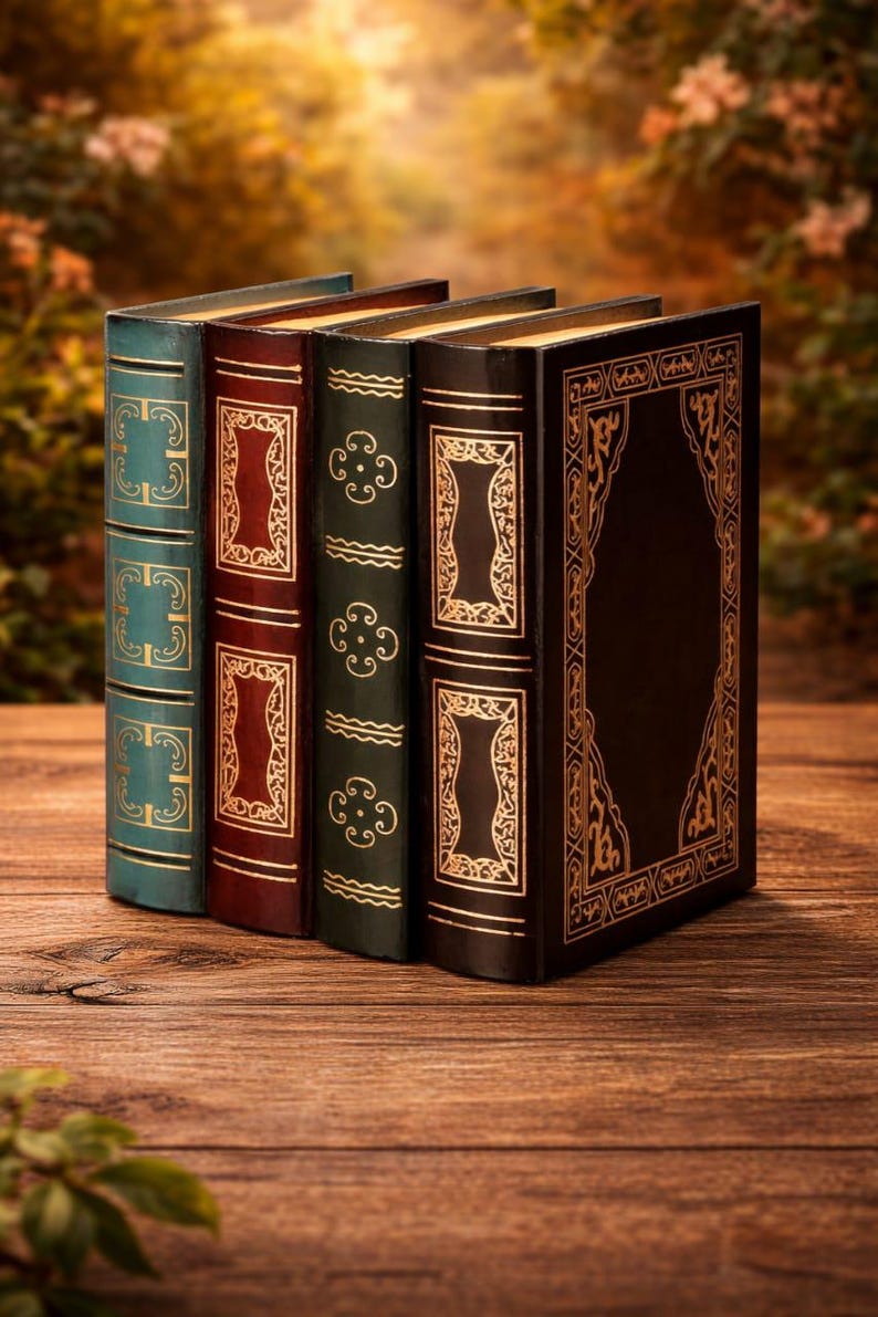 May include: Four antique books with ornate gold designs on their spines, standing upright on a wooden surface. The books are in teal, burgundy, dark green, and black, with gold accents. The background is a blurred view of a natural setting.