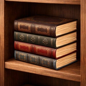 May include: A stack of four antique books with ornate gold detailing on the covers, resting on a wooden shelf. The books are in shades of brown, green, red, and blue, with aged, yellowed pages. The bookshelf is made of dark wood.