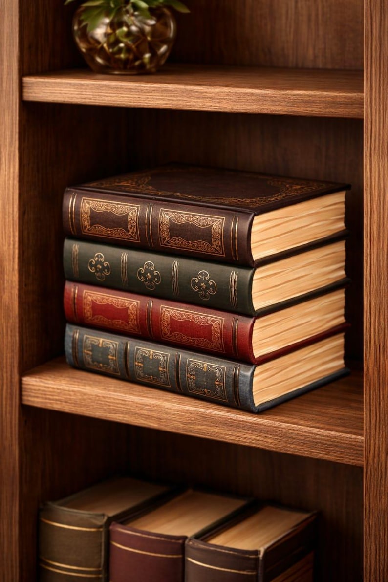 May include: A stack of four antique books with ornate gold detailing on the covers, resting on a wooden shelf. The books are in shades of brown, green, red, and blue, with aged, yellowed pages. The bookshelf is made of dark wood.
