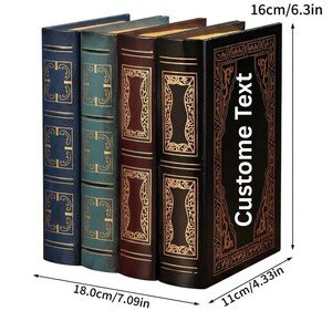 May include: A set of four decorative books with ornate gold detailing. The books are various colors, including blue, teal, and brown. The set is 7.09 inches wide, 6.3 inches tall, and 4.33 inches deep. The text "Custome Text" is on the spine of one book.
