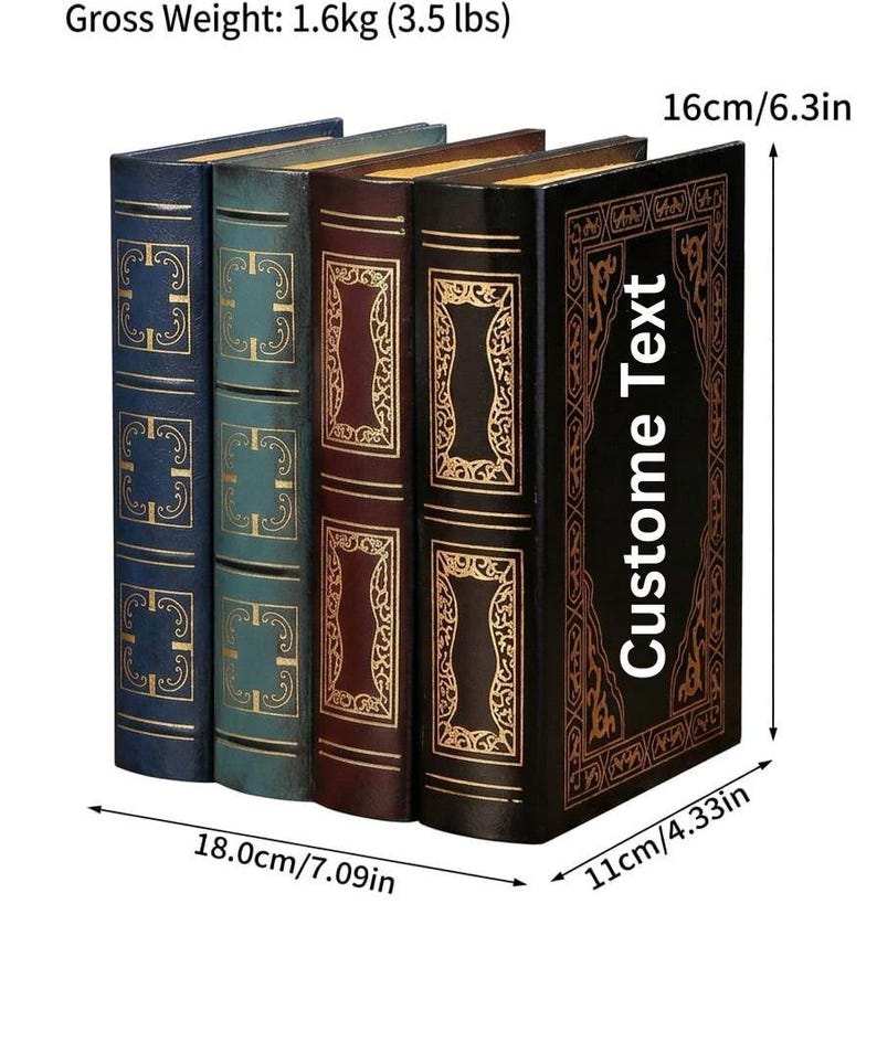 May include: A set of four decorative books with ornate gold detailing. The books are various colors, including blue, teal, and brown. The set is 7.09 inches wide, 6.3 inches tall, and 4.33 inches deep. The text "Custome Text" is on the spine of one book.