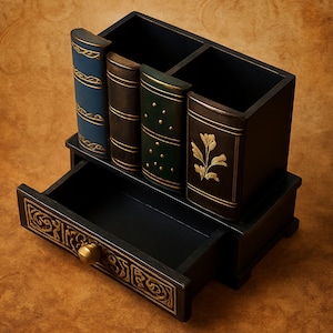 May include: A black wooden desk tidy with a drawer and compartments. The organiser features four faux book spines in blue, brown, and green with gold accents. The drawer has a gold knob and ornate gold detailing.