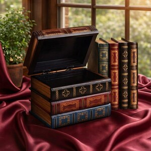 May include: A decorative wooden chest designed to resemble a stack of books, with an open lid. The chest is dark brown with gold accents and sits on a burgundy satin surface. Several book-shaped boxes are also visible.