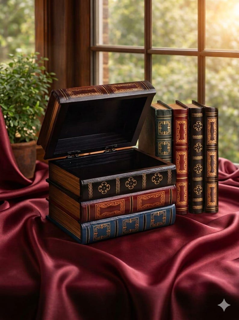 May include: A decorative wooden chest designed to resemble a stack of books, with an open lid. The chest is dark brown with gold accents and sits on a burgundy satin surface. Several book-shaped boxes are also visible.