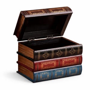 May include: A decorative wooden box designed to resemble a stack of books. The box is dark brown with gold accents and opens to reveal a hollow interior. The "books" are painted in shades of brown, red, and blue.