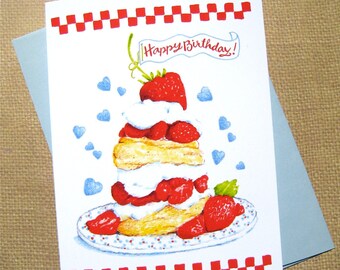 Strawberry Shortcake Birthday Card | Sweet Happy Birthday | Birthday Cake Card | Card for Dessert Lover