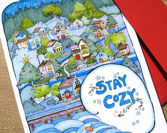 Stay Cozy Holiday Cards - Boxed Set of 10 Cards - Coastal Christmas Cards - Winter Town