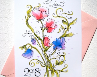 Graduation Card 2018 - Girl Graduation - Personalized Card - Sweet Peas Card - Custom Calligraphy