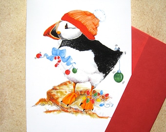 Puffin Christmas Card - Bird Holiday Card - Coastal Birds - Cute Puffin