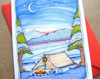 Camping Christmas Card - Mountains Holiday Card - Woodland, Nature Christmas - All is Calm