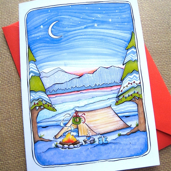 Camping Christmas Card - Mountains Holiday Card - Woodland, Nature Christmas - All is Calm