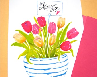 Personalized Birthday Card, Tulips Card, Custom Name Birthday Card, Floral Birthday Card