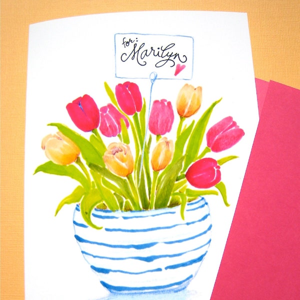 Personalized Birthday Card, Tulips Card, Custom Name Birthday Card, Floral Birthday Card