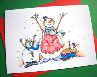 Snow Family Christmas Card - Snowman Card - Cute Christmas Card - Winter Holiday Card