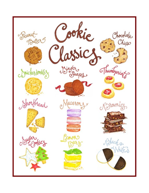 Cookies Poster Kitchen Print Gift for Baker Classic Cookies Chart Gifts  Under 25 