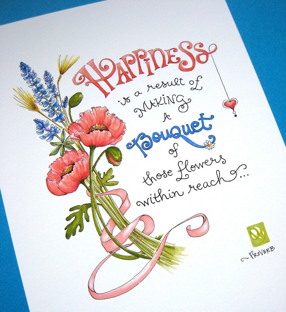 Items similar to Happiness Quote Art. Flowers Print. Pink Poppies. 8x10