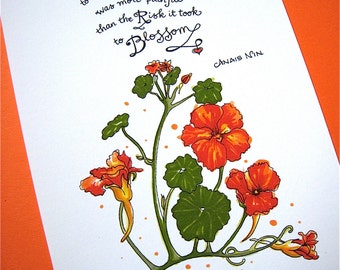 Literary Quote Print - Motivational Art - Anais Nin Quote - Botanical Floral Art - Red Nasturtiums