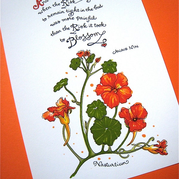 Literary Quote Print - Motivational Art - Anais Nin Quote - Botanical Floral Art - Red Nasturtiums