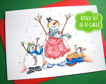 Snow Family Christmas Cards - Boxed Set Christmas Cards - Snowman Cards - Winter Holiday Cards