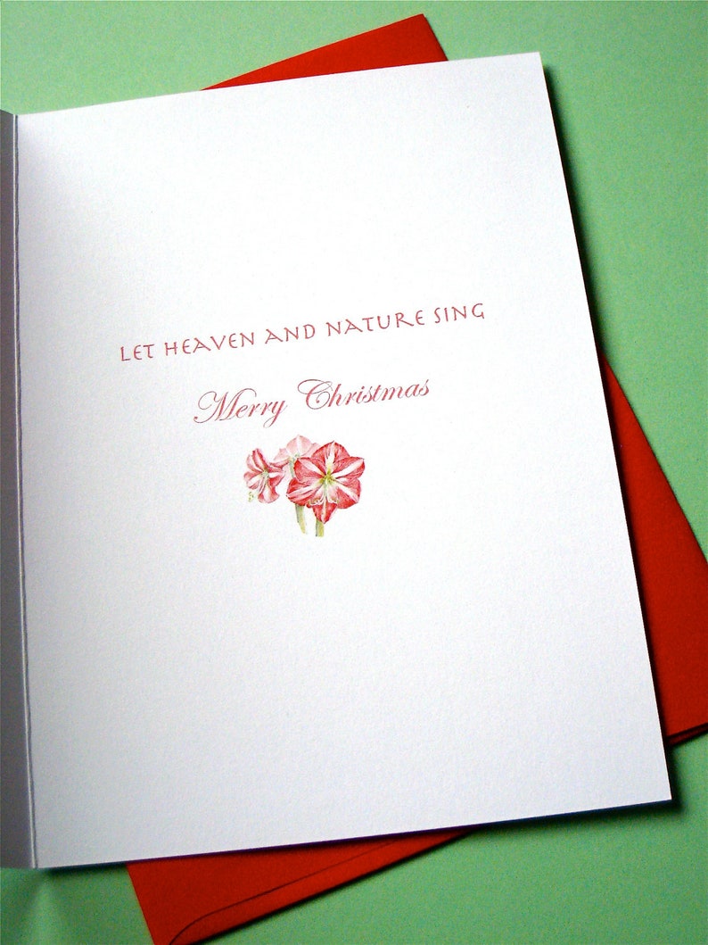 May include: A white card with red text that reads "Let heaven and nature sing Merry Christmas". A small cluster of pink flowers is in the bottom center of the card.