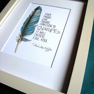 Feather Art Print Nature Quote Frank Lloyd Wright Azul azul azul Impresión 5x7 imagen 3