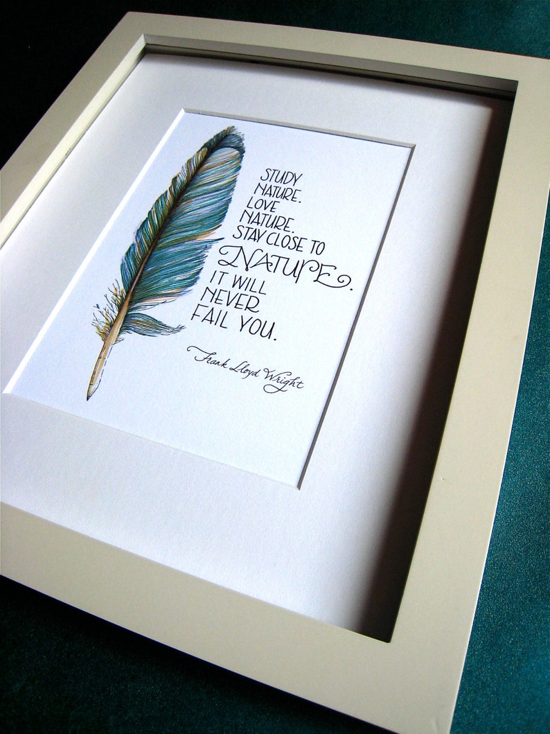 Feather Art Print Nature Quote Frank Lloyd Wright Azul azul azul Impresión 5x7 imagen 3