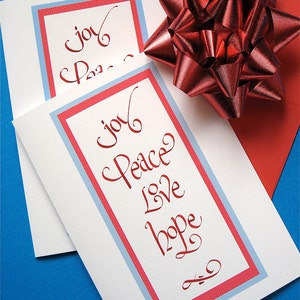 Joy Peace Love Christmas Cards - Boxed Christmas Card Set - Holiday Calligraphy - Hand Lettered Cards