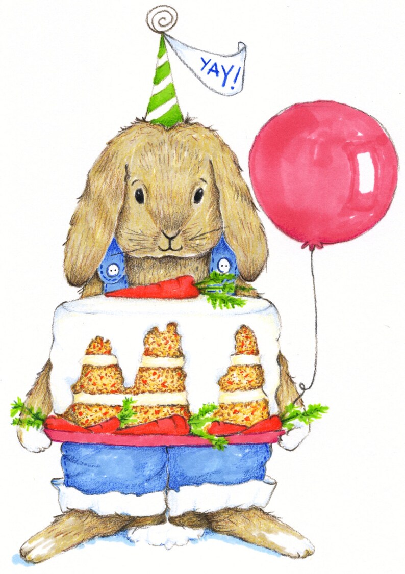 May include: A brown bunny wearing a party hat and holding a pink balloon is dressed as a carrot cake. The bunny is wearing blue overalls and has a carrot sticking out of the cake.