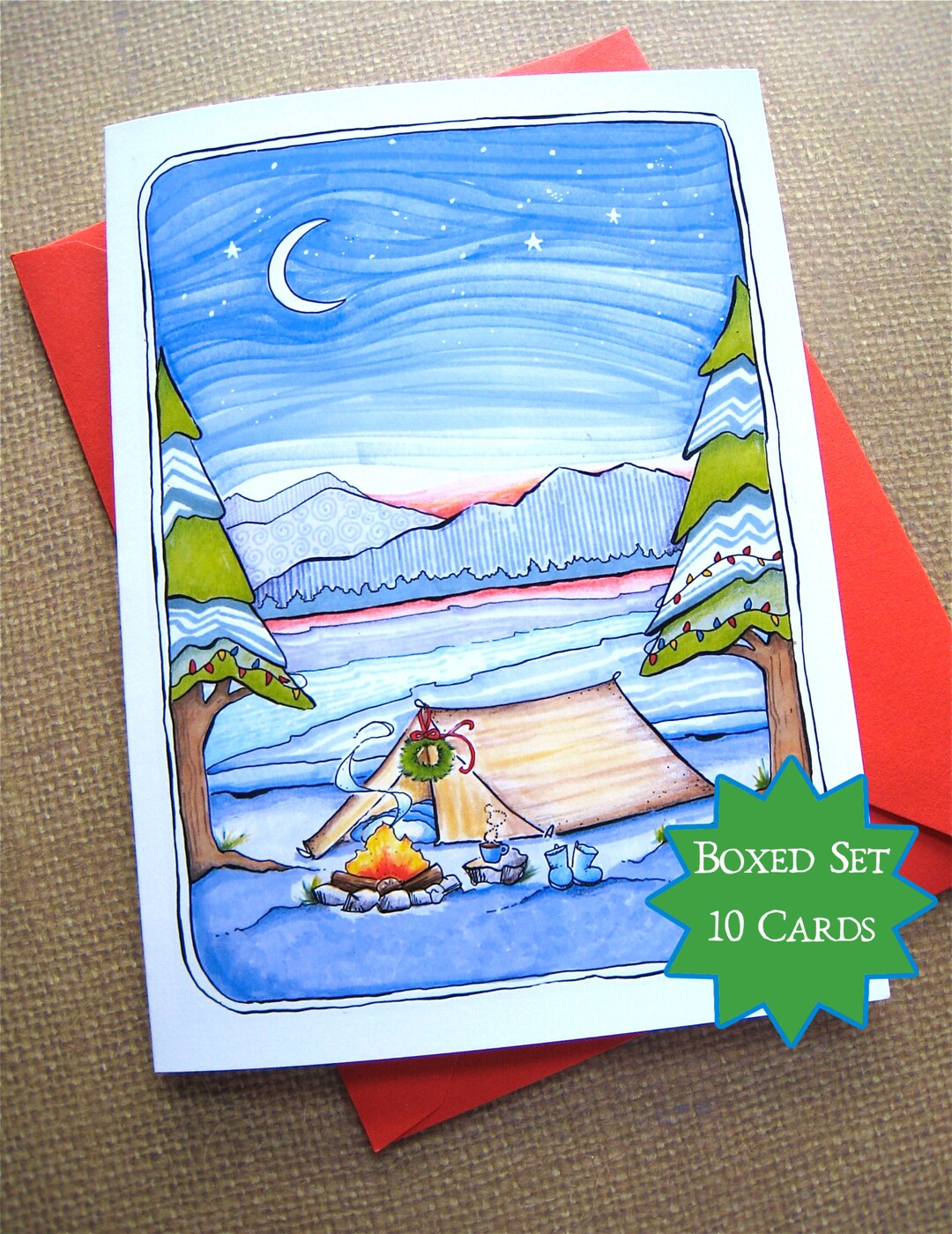 Camping Christmas Card Boxed Set of Cards Mountains Holiday Card