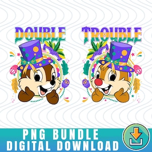 May include: A digital download graphic featuring two cartoon chipmunks, each wearing a purple top hat with yellow polka dots. The text "DOUBLE TROUBLE" is above the chipmunks. The image includes decorative elements and the text "PNG BUNDLE DIGITAL DOWNLOAD".