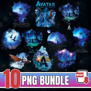 May include: A digital PNG bundle featuring Avatar movie graphics. The images showcase scenes with characters and landscapes in shades of blue and purple. Text includes "Avatar The Way of Water", "Sivako! Rise to the Challenge", and "10 PNG Bundle".