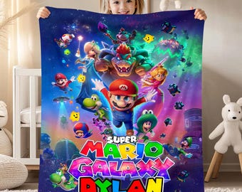 Custom Super Mario Galaxy Movie Blanket, Personalized Mario and Friends Gaming Blanket, Custom Mario Throw Blanket, Gift For Kids
