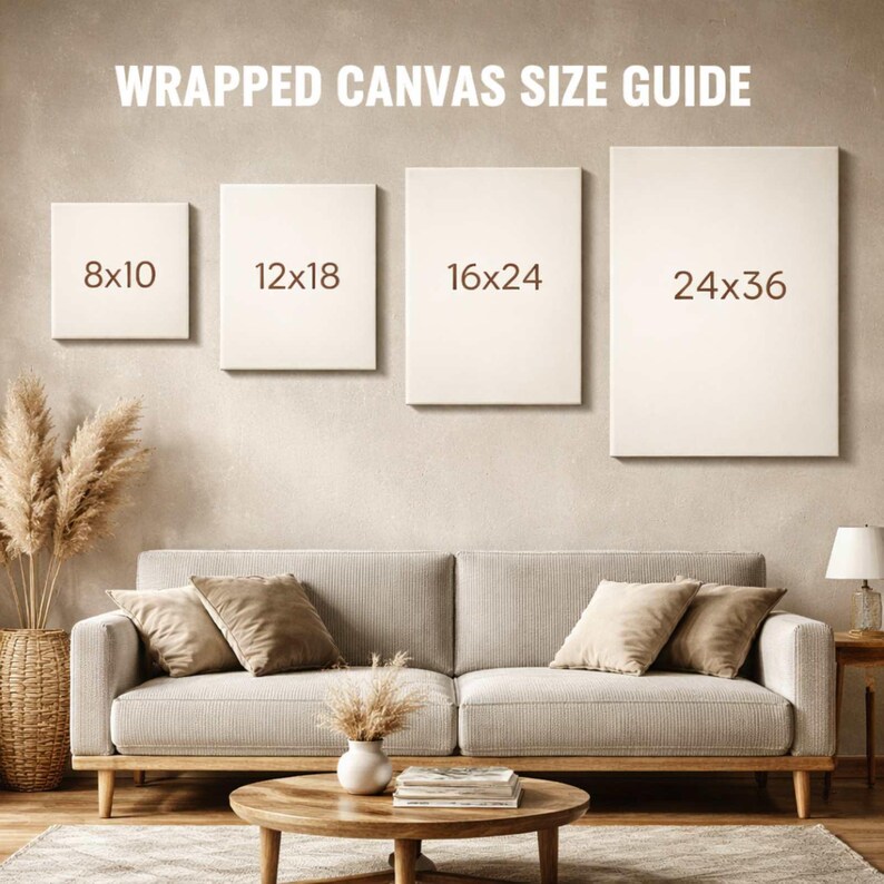 May include: A wrapped canvas size guide shows four sizes: 8x10 inches, 12x18 inches, 16x24 inches, and 24x36 inches. The text "WRAPPED CANVAS SIZE GUIDE" is at the top. The canvas prints are displayed above a sofa. The equivalent sizes are 20x25 cm, 30x46 cm, 41x61 cm, and 61x91 cm.