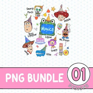 May include: A PNG bundle featuring cartoon characters, including Buzz Lightyear, Woody, and Jessie, with the name "Monica" on a frog-shaped frame. The image also includes a cake, a camera, and the text "PNG BUNDLE 01 DESIGNS".