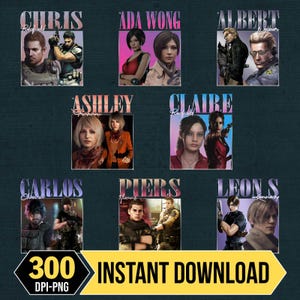 Peut inclure: Une collection d'impressions numériques mettant en vedette des personnages d'un jeu vidéo. Chaque impression présente le nom d'un personnage dans une police stylisée au-dessus d'un portrait. Les impressions sont disposées sur un fond sombre avec le texte "300 DPI-PNG INSTANT DOWNLOAD".