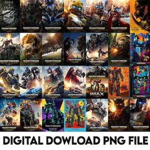 May include: A collection of movie posters for "Transformers: Rise of the Beasts," featuring various robot characters in action poses. The posters have vibrant colors and include text such as "Power is Primal" and "Digital Download PNG File."