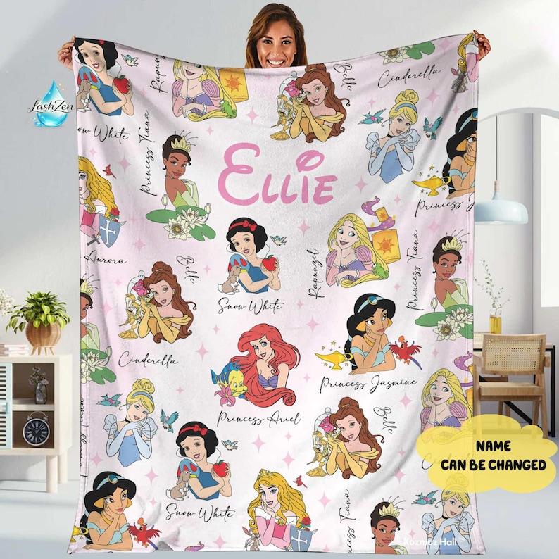Manta personalizada de princesas de Disneyland, regalo de princesa para ella, Cenicienta, Blancanieves, Bella, Jazmín, Ariel, manta de cumpleaños para niña imagen 2