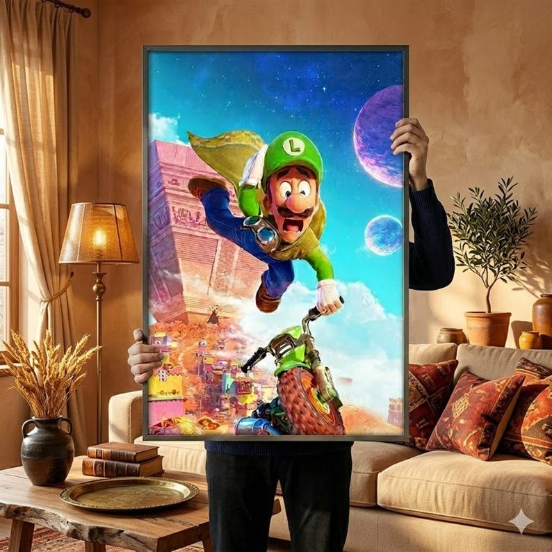 May include: A framed print showing a cartoon character in a green hat and cape riding a green motorcycle against a colourful fantasy backdrop. The scene includes a pyramid and planets.