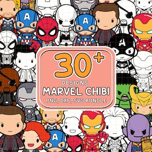 30+ Chibi Avengers Png-paket, söt superhjälte-clipart, Chibi-hjältar-designer för klistermärken och hantverk, superhjälte-SVG