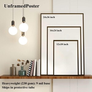 May include: Three framed posters of varying sizes, 61x91 cm, 41x61 cm, and 30x46 cm, are displayed on a wooden shelf. The text "UnframedPoster" is at the top. Decorative items like a vase and books are also on the shelf. The posters are against a white tiled wall.