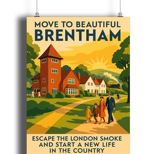 May include: A vintage-style poster with the text "MOVE TO BEAUTIFUL BRENTHAM." The image depicts a family walking on a path towards houses, with a train and cyclist in the background. The text "ESCAPE THE LONDON SMOKE AND START A NEW LIFE IN THE COUNTRY" is also visible.